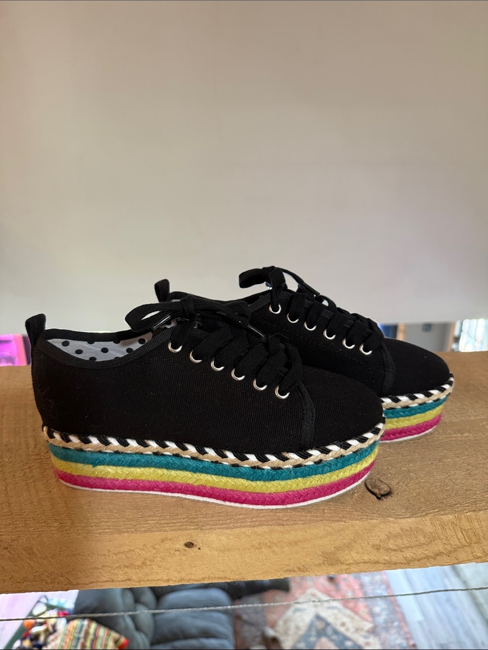 Betsey Johnson Black Platform Sneakers with Rainbow Espadrille Sole